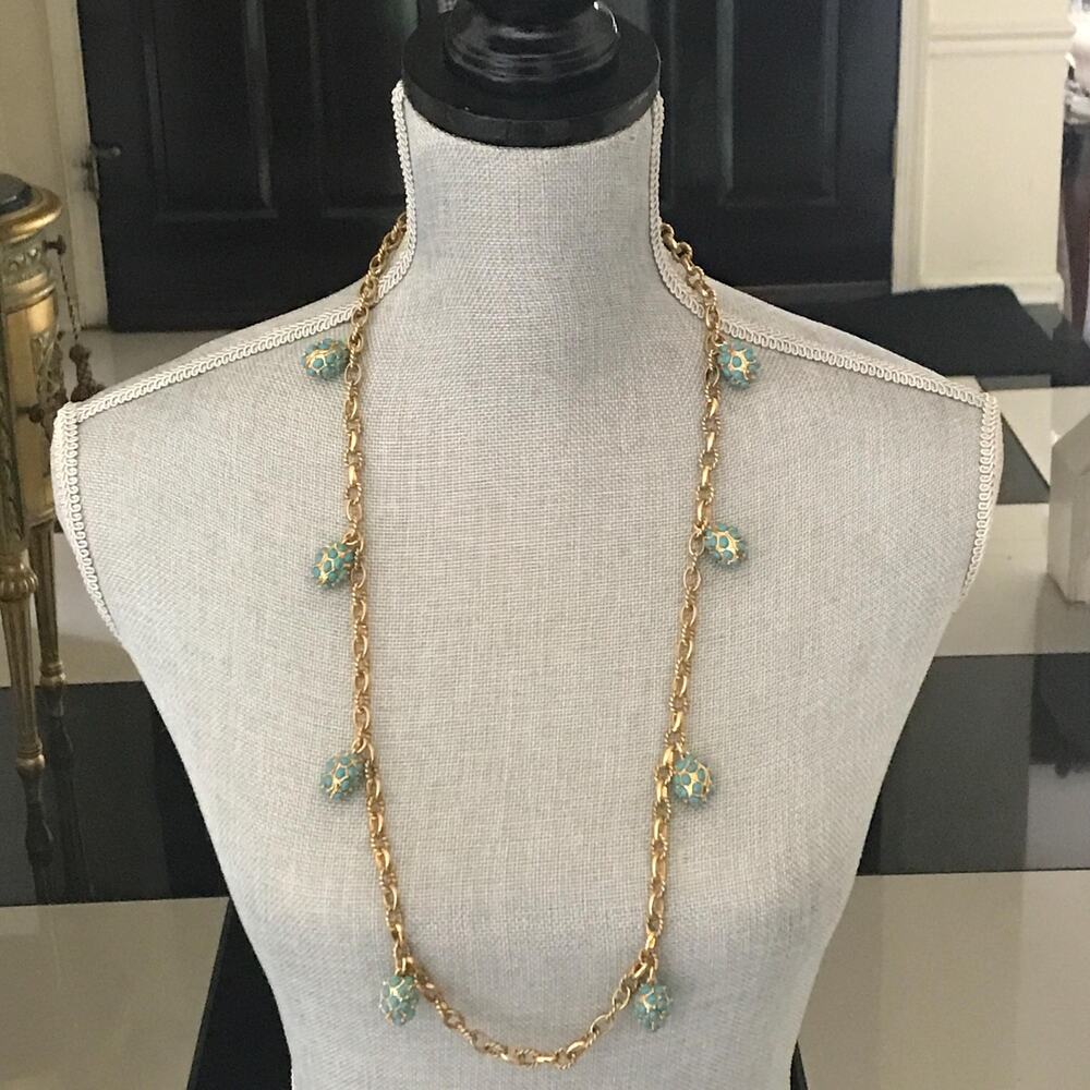 Vintage Faberge-style Necklace: Faux Teal Fabergé Egg, Gold Tone Chain- Classic